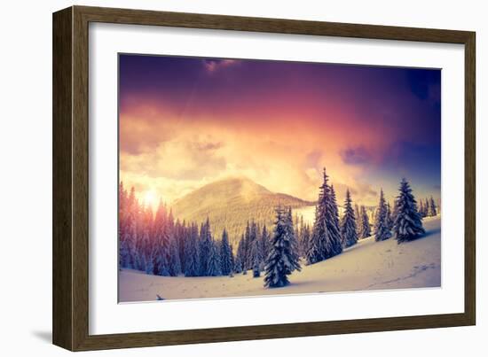 Fantastic Evening Landscape in a Colorful Sunlight. Dramatic Wintry Scene. National Park Carpathian-Leonid Tit-Framed Photographic Print