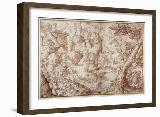 Fantastic Mountainous Landscape with Bridges Spanning Rvines, a City and Travellers-Gillis van Valckenborch-Framed Giclee Print