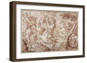 Fantastic Mountainous Landscape with Bridges Spanning Rvines, a City and Travellers-Gillis van Valckenborch-Framed Giclee Print