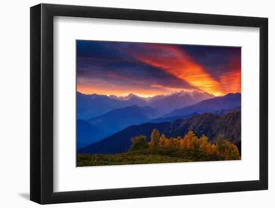 Fantastic Red Sunbeams with Overcast Sky at the Foot of Mt. Ushba. Dramatic Morning Scene. Location-Leonid Tit-Framed Photographic Print