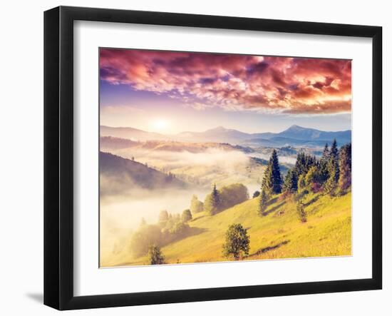 Fantastic Sunny Hills under Morning Overcast Sky. Dramatic Scenery. Carpathian, Ukraine, Europe. Be-Leonid Tit-Framed Photographic Print