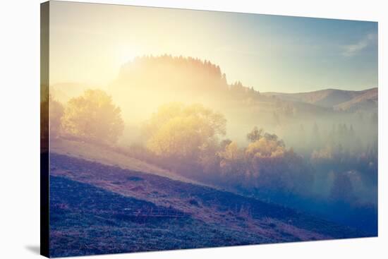 Fantastic Sunny Hills under Morning Sky. Dramatic Scenery. Carpathian, Ukraine, Europe. Beauty Worl-Leonid Tit-Stretched Canvas