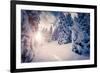 Fantastic Winter Landscape in the Sunny Beams. Dramatic Wintry Scene. Carpathian, Ukraine, Europe.-Leonid Tit-Framed Photographic Print