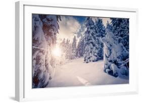 Fantastic Winter Landscape in the Sunny Beams. Dramatic Wintry Scene. Carpathian, Ukraine, Europe.-Leonid Tit-Framed Photographic Print