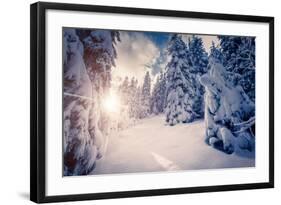 Fantastic Winter Landscape in the Sunny Beams. Dramatic Wintry Scene. Carpathian, Ukraine, Europe.-Leonid Tit-Framed Photographic Print