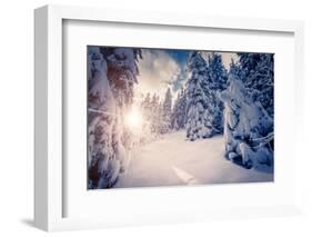 Fantastic Winter Landscape in the Sunny Beams. Dramatic Wintry Scene. Carpathian, Ukraine, Europe.-Leonid Tit-Framed Photographic Print