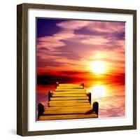 Fantasy Beautiful Sunset And Wooden Pier-frenta-Framed Art Print