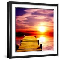 Fantasy Beautiful Sunset And Wooden Pier-frenta-Framed Art Print