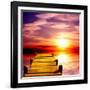 Fantasy Beautiful Sunset And Wooden Pier-frenta-Framed Art Print