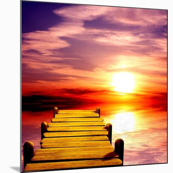 Fantasy Beautiful Sunset And Wooden Pier-frenta-Mounted Art Print