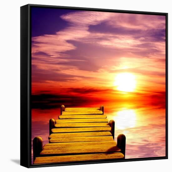 Fantasy Beautiful Sunset And Wooden Pier-frenta-Framed Stretched Canvas