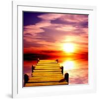 Fantasy Beautiful Sunset And Wooden Pier-frenta-Framed Art Print