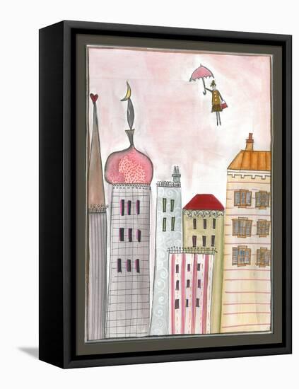 Fantasy Cityscape with Flying Nanny-Effie Zafiropoulou-Framed Stretched Canvas