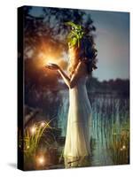 Fantasy Girl Taking Magic Light in Her Hands. Mysterious Night Scene. Witch Standing in the River A-Subbotina Anna-Stretched Canvas