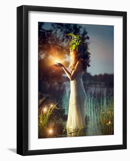 Fantasy Girl Taking Magic Light in Her Hands. Mysterious Night Scene. Witch Standing in the River A-Subbotina Anna-Framed Photographic Print