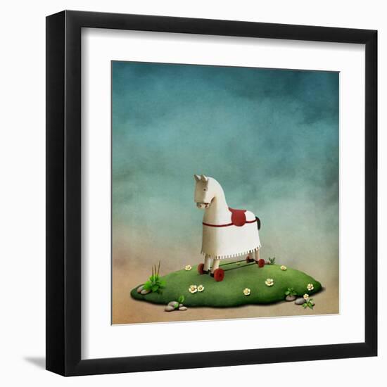 Fantasy Illustration or Poster Fairy Tale Story of Wonderland with White Rocking Horse-Larissa Kulik-Framed Art Print