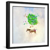 Fantasy Image of Zebra Flying in Sky on Bunch of Colorful Balloons-Sergey Nivens-Framed Photographic Print