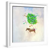 Fantasy Image of Zebra Flying in Sky on Bunch of Colorful Balloons-Sergey Nivens-Framed Photographic Print