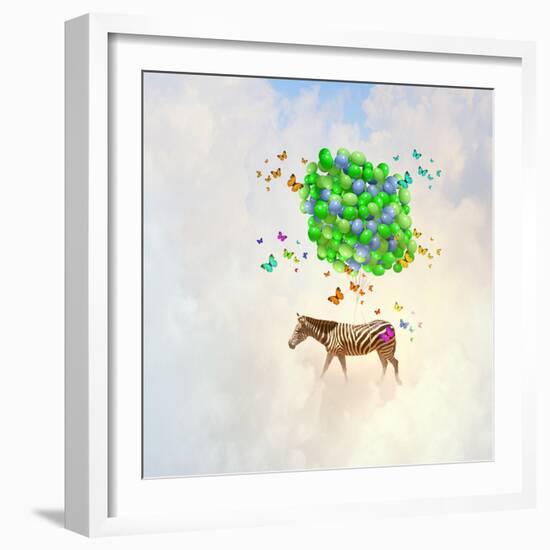 Fantasy Image of Zebra Flying in Sky on Bunch of Colorful Balloons-Sergey Nivens-Framed Photographic Print