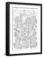 Fantasy Landscape. Fairy Tale Castle, Old Medieval Town, Park Trees. Hand Drawn Sketch, House and T-L Kramer-Framed Art Print