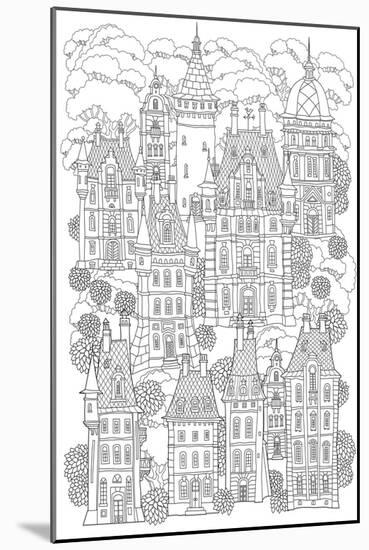 Fantasy Landscape. Fairy Tale Castle, Old Medieval Town, Park Trees. Hand Drawn Sketch, House and T-L Kramer-Mounted Art Print