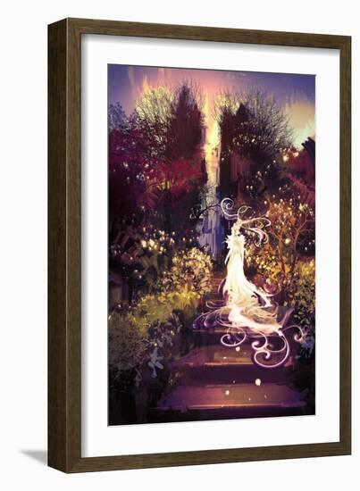 Fantasy Landscape Painting of Beautiful Goddess up the Stairs,Illustration-Tithi Luadthong-Framed Art Print