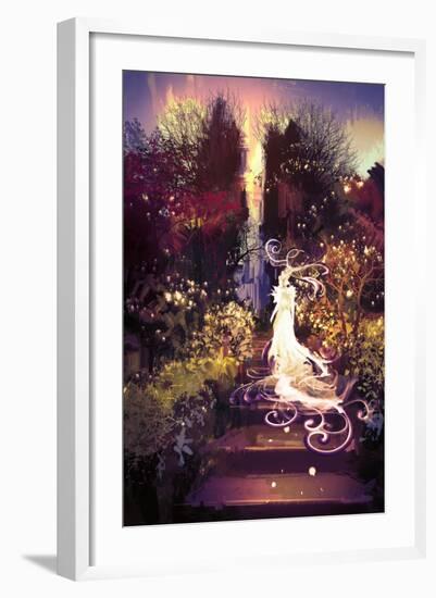 Fantasy Landscape Painting of Beautiful Goddess up the Stairs,Illustration-Tithi Luadthong-Framed Art Print