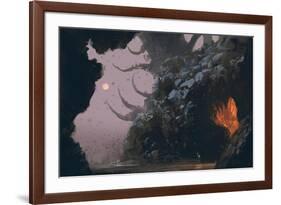 Fantasy Landscape with Mystery Cave,Digital Painting,Illustration-Tithi Luadthong-Framed Art Print