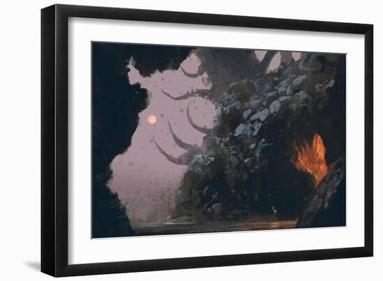 Fantasy Landscape with Mystery Cave,Digital Painting,Illustration-Tithi Luadthong-Framed Art Print