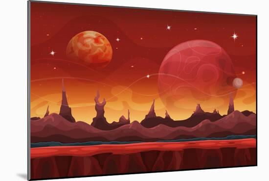 Fantasy Sci-Fi Martian Background for UI Game. Illustration of a Cartoon Funny Sci-Fi Alien Planet-Benchart-Mounted Art Print