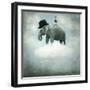 Fantasy Surrealistic Background with an Elephant with a Hat and a Gull that Flying on a Cloud in Th-Valentina Photos-Framed Photographic Print