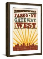 Fargo, North Dakota - Skyline and Sunburst Screenprint Style-Lantern Press-Framed Art Print