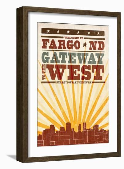 Fargo, North Dakota - Skyline and Sunburst Screenprint Style-Lantern Press-Framed Art Print