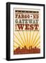 Fargo, North Dakota - Skyline and Sunburst Screenprint Style-Lantern Press-Framed Art Print