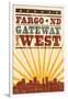 Fargo, North Dakota - Skyline and Sunburst Screenprint Style-Lantern Press-Framed Art Print