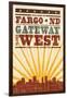 Fargo, North Dakota - Skyline and Sunburst Screenprint Style-Lantern Press-Framed Art Print