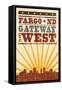 Fargo, North Dakota - Skyline and Sunburst Screenprint Style-Lantern Press-Framed Stretched Canvas