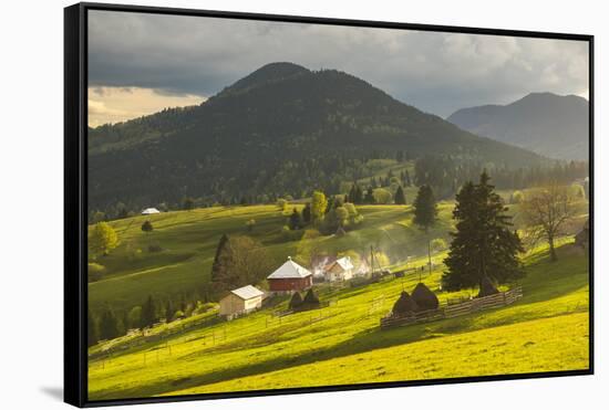 Farm and Haystacks in the Rural Transylvania Landscape at Sunset, Piatra Fantanele, Transylvania-Matthew Williams-Ellis-Framed Stretched Canvas