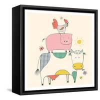 Farm Animals.Cow,Pig and Cock, Rooster-Eteri Davinski-Framed Stretched Canvas