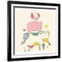 Farm Animals.Cow,Pig and Cock, Rooster-Eteri Davinski-Framed Art Print