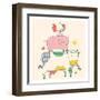 Farm Animals.Cow,Pig and Cock, Rooster-Eteri Davinski-Framed Art Print