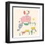 Farm Animals.Cow,Pig and Cock, Rooster-Eteri Davinski-Framed Art Print