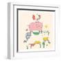 Farm Animals.Cow,Pig and Cock, Rooster-Eteri Davinski-Framed Art Print