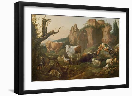 Farm Animals in a Landscape, 1685 (Oil on Canvas)-Johann Heinrich Roos-Framed Giclee Print