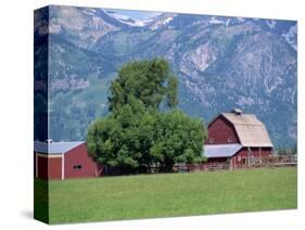 Farm Buildings with Mountain Slopes Behind, Jackson Hole, Wyoming, USA-Mcleod Rob-Stretched Canvas