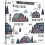 Farm Country Seamless Pattern. Cute Houses Background. Engraved Style Illustration. Vector Illustra-adehoidar-Stretched Canvas