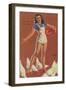 Farm Girl Pin-Up Feeding Chickens in Short Overalls, 1945-null-Framed Giclee Print