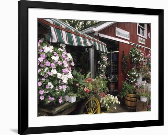 Farm Stand in Red Barn with Flowers, Long Island, New York, USA-Merrill Images-Framed Photographic Print
