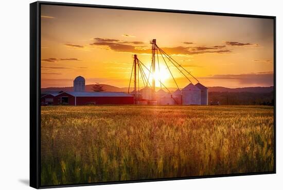 Farm with Grain Silos at Sunset, Hunterdon County, New Jersey-George Oze-Framed Stretched Canvas