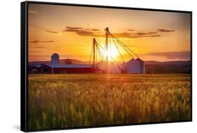 Farm with Grain Silos at Sunset, Hunterdon County, New Jersey-George Oze-Framed Stretched Canvas